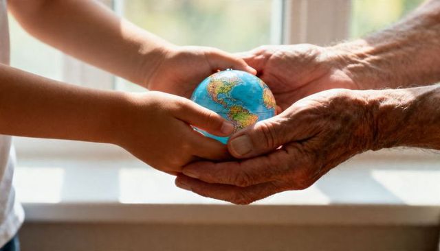 Grandparent and child holding globe together symbolizing intergenerational care and hope
