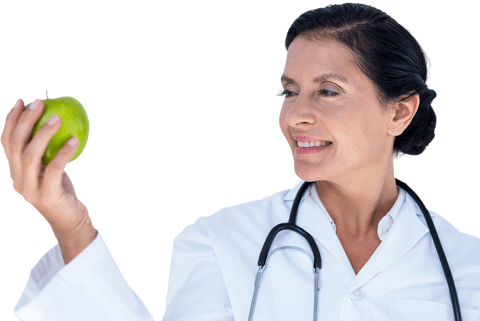 Transparent Smiling Female Doctor Holding Green Apple with Confidence