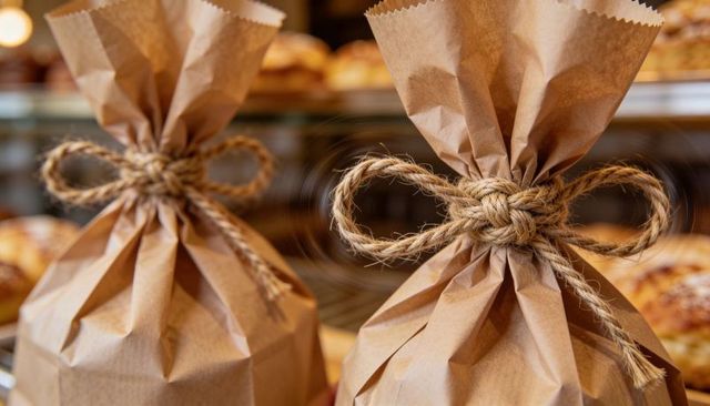 Kraft gift bags tied with jute bows sitting on bakery counter with fresh pastries
