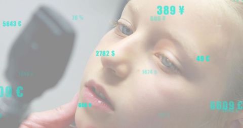Clinician examining child ear with otoscope closeup with teal data overlay for healthcare