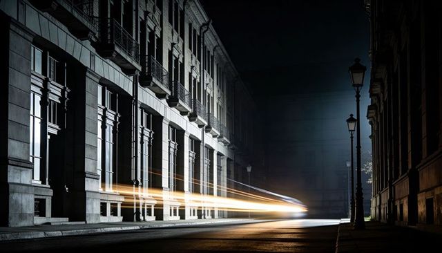Passing light trails illuminating neoclassical facades and lampposts on empty night street