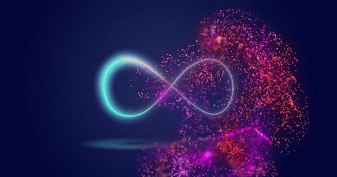 Glowing Infinity Symbol with Dynamic Neon Particles on Blue Background