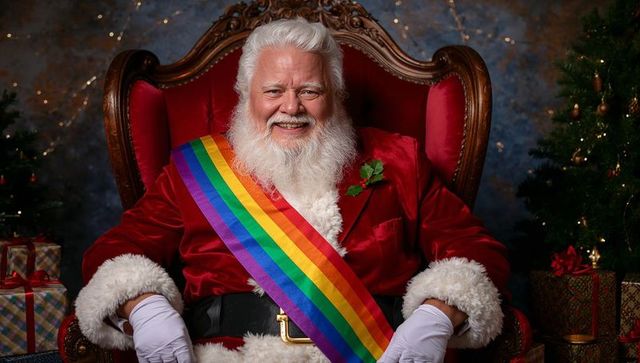 Santa Claus with Rainbow Sash Sitting in Festive Throne Setting