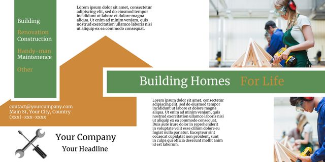 This visually engaging template is ideal for construction companies promoting home building and renovation services. Depicts team of builders at work, which highlights teamwork and craftsmanship in the process. Useful for advertising building services such as renovations, handyman tasks and property maintenance. Ideal for creating marketing brochures, flyers or advertisements. Customizable sections for contact information and company details.
