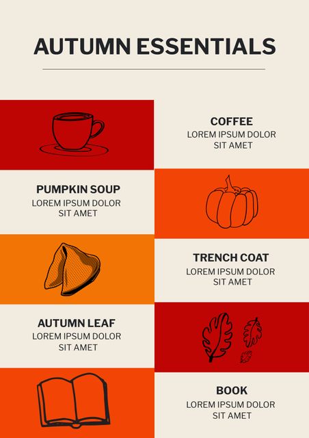 Composition of autumn essentials text with icons on white and red background. Infographic maker concept digitally generated image.