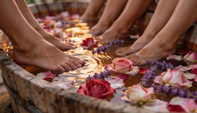Adults soaking feet in wooden barrel foot bath with roses and lavender for spa relaxation