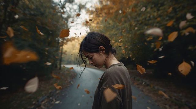 Pensive woman walking on autumn forest road with swirling falling leaves, moody portrait