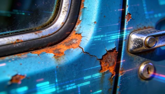 Peeling blue car door revealing rust and chrome handle with patina and light streaks