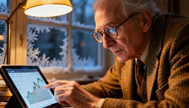 Senior investor studying stock chart on tablet in cozy winter study under lamplight