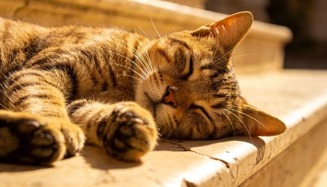 Sleeping tabby cat soaking up warm sunlight on marble step with extended paw pads