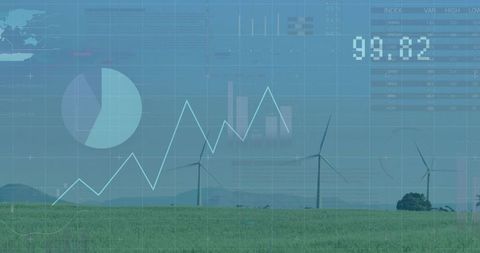 Wind Turbines in Sunny Field Overlaid with Data and Analytics Graphics