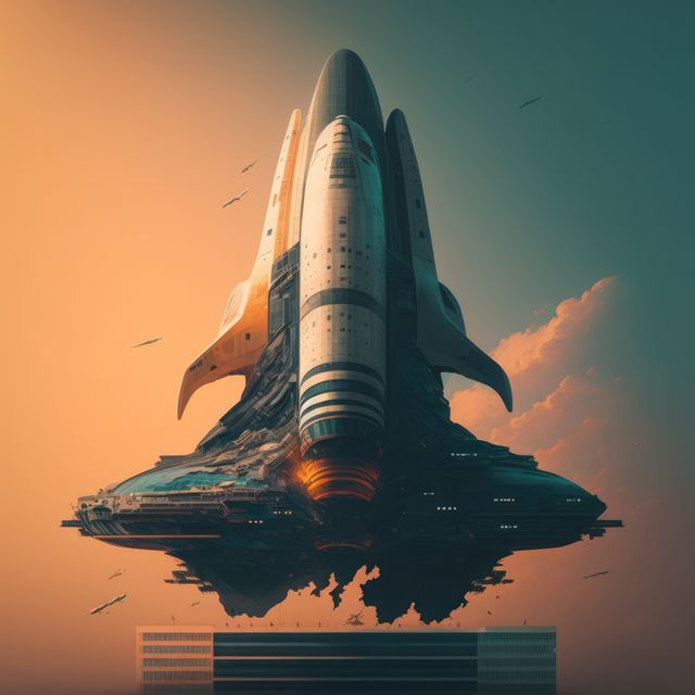 Spaceship flying over building and blue background, created using generative ai technology. Space travel and outer space concept digitally generated image.