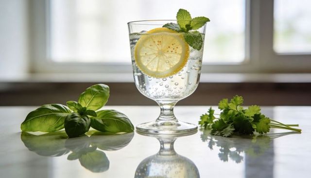 Sparkling lemon water in goblet with fresh basil mint and cilantro on marble surface