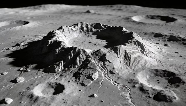 Dramatic lunar impact crater on moon highlands with central peak and terraced walls