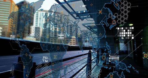 Holographic world map overlay displaying digital network across urban walkway and canopy with ui nod