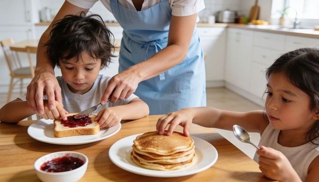 Parent guiding children spreading jam on toast with stack of pancakes for family breakfast