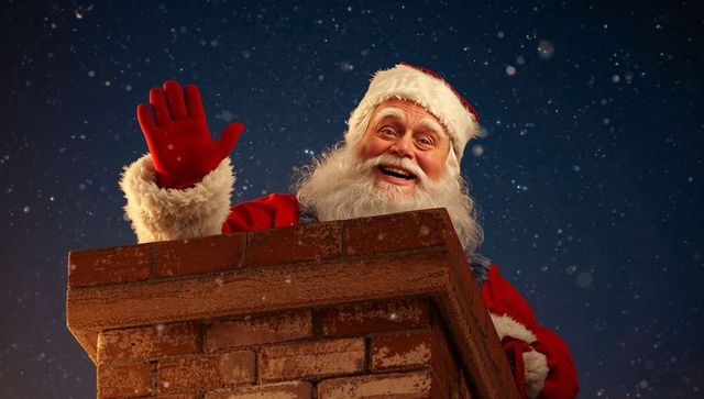 Santa Claus Joyfully Waving from Snowy Brick Chimney at Night