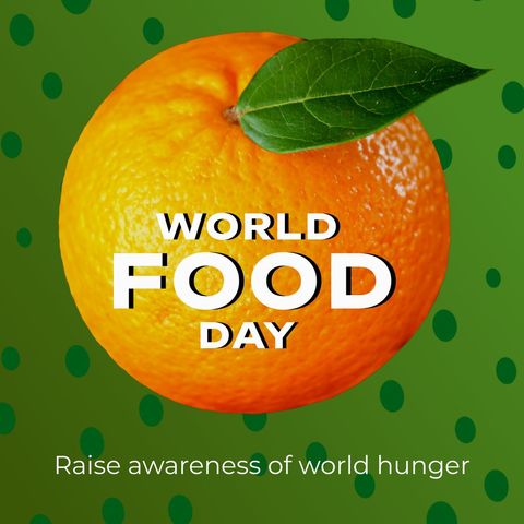 Vibrant design highlighting World Food Day using fresh orange with text overlay. Ideal for promoting events focused on food security, nutrition, and global hunger awareness. Could be used by organizations and campaigns on social media platforms or posters to stress the importance of combatting global hunger and advocating for sustainable nutrition access.