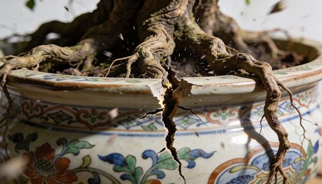 Bonsai roots cracking ornate ceramic planter exposing soil and aged decorative glaze