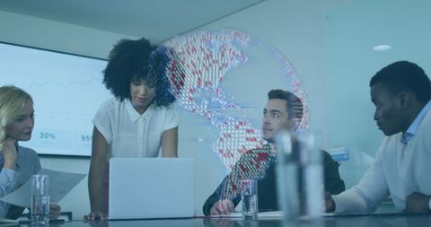 Global Business Team Meeting with Digital Interface Overlay