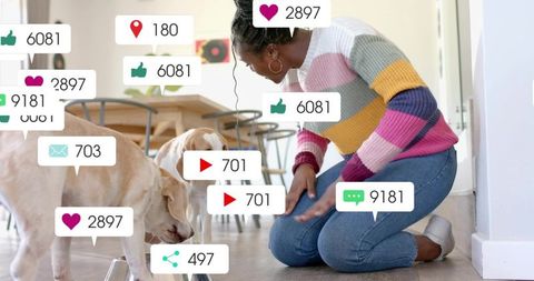 Kneeling woman feeding labradors in bright kitchen with social media engagement overlays