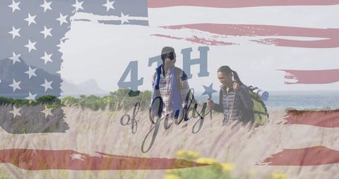 Happy Diverse Couple Hiking on Independence Day Celebration