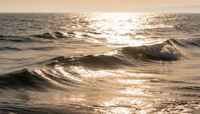 Sunlight dancing on rolling ocean waves during golden hour for serene seascape