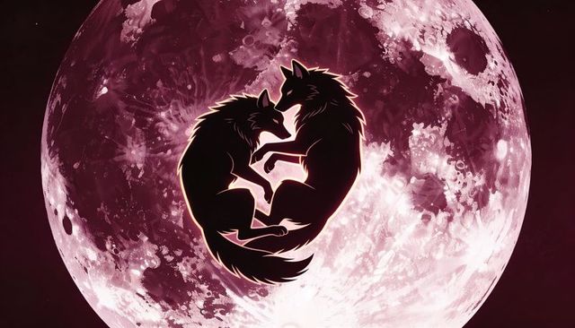 Heart-shaped wolf pair silhouette against rose moon with glowing rimlight