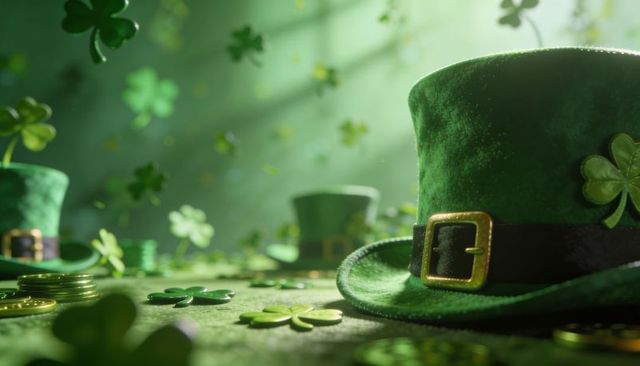 Celebrating St Patrick's Day with green felt leprechaun top hat, shamrocks and gold coins