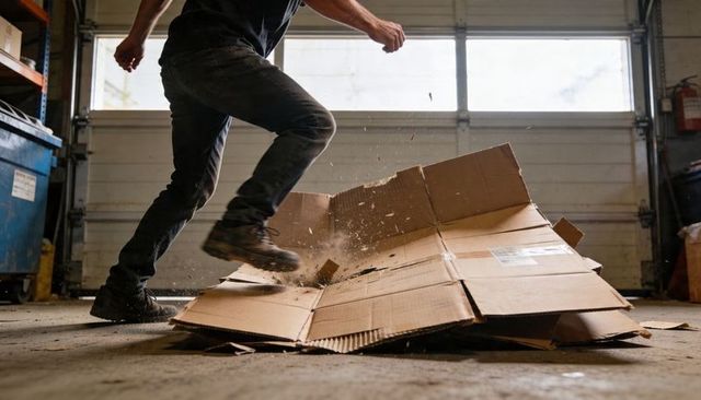 Stomping cardboard with work boots in industrial garage crushing packaging debris safely