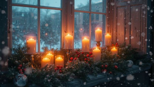 Cozy Winter Window Display with Flickering Candles and Holiday Garland