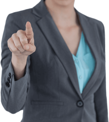 Businesswoman in suit interacting with transparent virtual interface