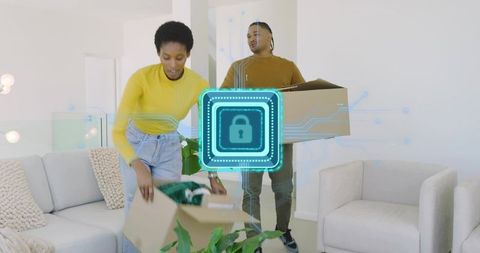 Young couple unpacking in modern living room with smart home digital lock overlay concept