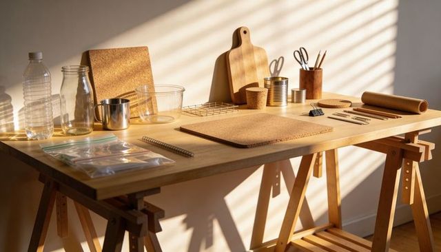 Sunlit minimalist trestle table showing organized craft and kitchen tools, warm workspace