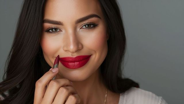 Closeup beauty portrait applying red lipstick with lip liner touchup and glamorous smile