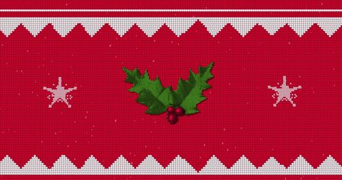 Festive Christmas Background with Holly and Stars on Red Sweater Pattern