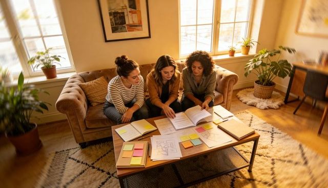 Women collaborating on home design plans and brainstorming over coffee table