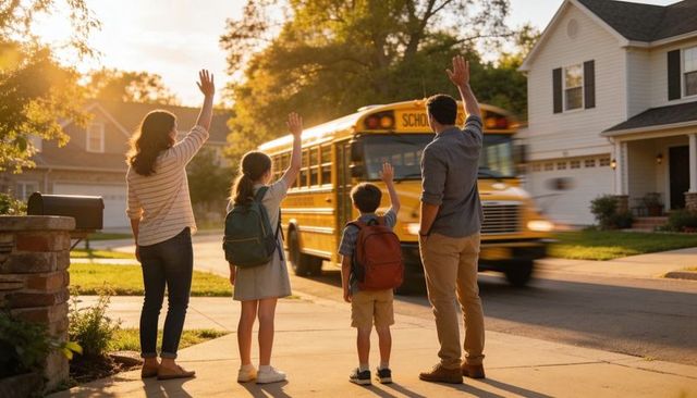 Family waving to school bus on suburban driveway morning light back to school routine