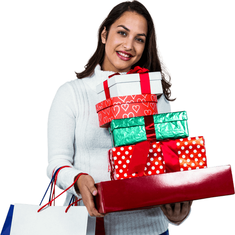 Woman Carrying Colorful Gift Boxes on Transparent Background