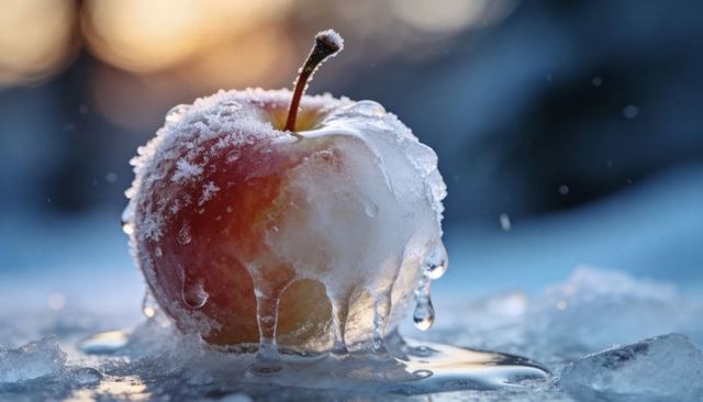 Sunlight melting frost crystals on apple, dripping ice and puddle, closeup winter thaw