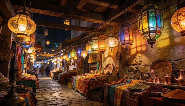 Glowing moroccan bazaar lanterns leading down cobblestone alley with colorful textiles