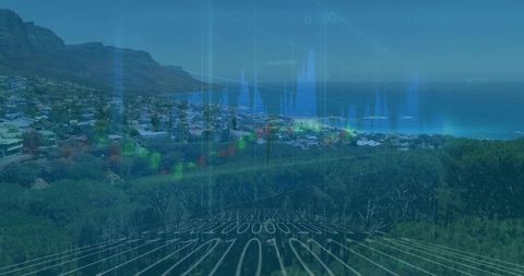 Financial Data Overlay on Coastal Landscape at Seaside Town