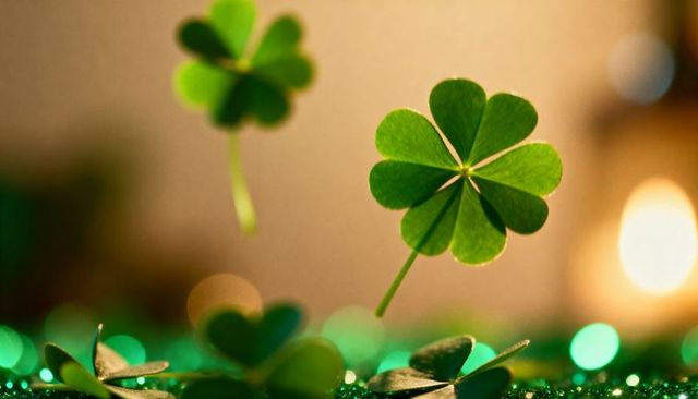 Floating four-leaf clover over glittering green surface with amber green bokeh glow