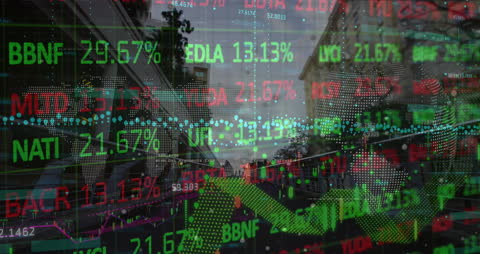 Animated Financial Charts Overlapping Cityscape Imagery
