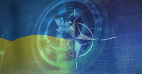 Ukraine and nato flag overlay with scope and analysis symbols
