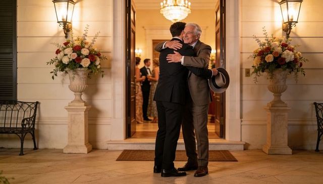 Groom hugging older man at elegant wedding entrance with floral urns and chandelier