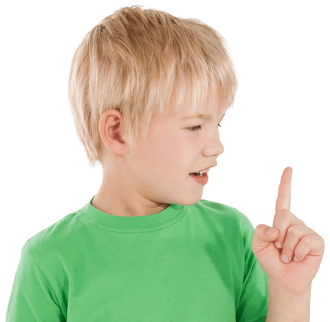 Happy Blonde Boy Raising Finger on Transparent Background