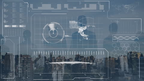 Futuristic Data Interface with Cityscape Background