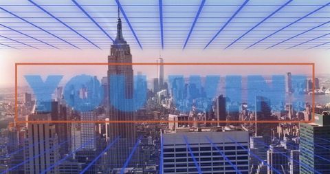 Congratulations screen overlay digital cityscape background