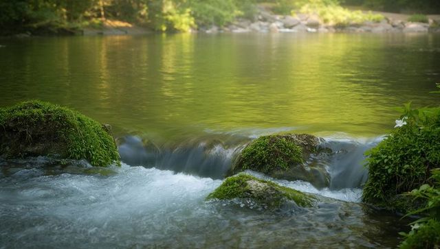 Flowing stream cascading over moss-covered rocks with golden water reflections